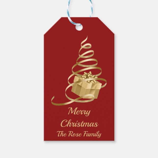 Gold Ribbon Christmas Tree Present Gift Tag (Front)