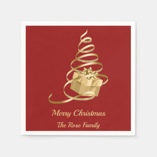 Gold Ribbon Christmas Tree Present Napkins
