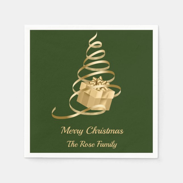 Gold Ribbon Christmas Tree Present Napkins (Front)