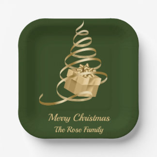 Gold Ribbon Christmas Tree Present Paper Plates