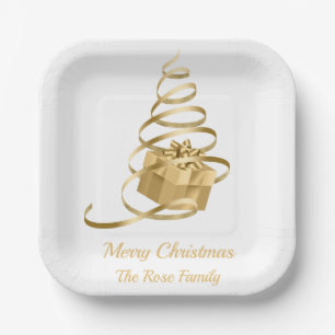 Gold Ribbon Christmas Tree Present Paper Plates