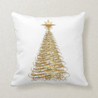 Gold ribbon christmas tree throw pillow