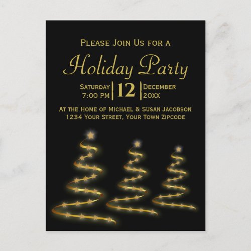 Gold Ribbon Christmas Trees Black Holiday Party Invitation Postcard