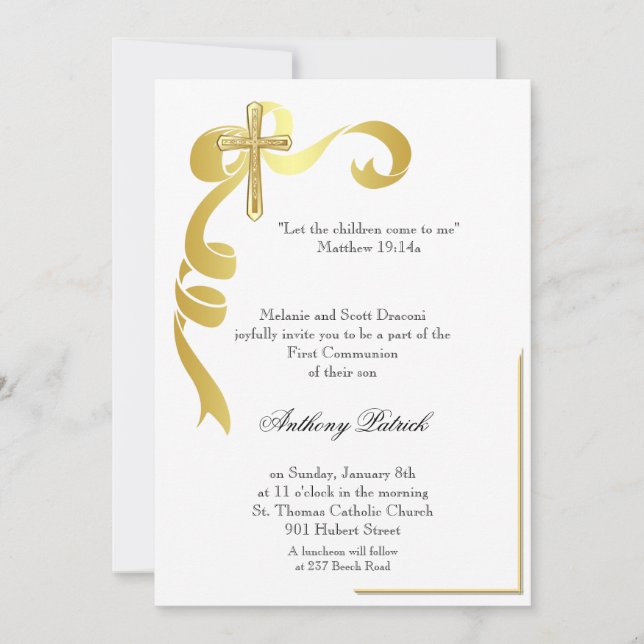 Gold Ribbon Cross Communion Invitation (Front)
