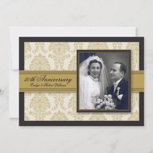 Gold Ribbon Damask Anniversary Party Invitation