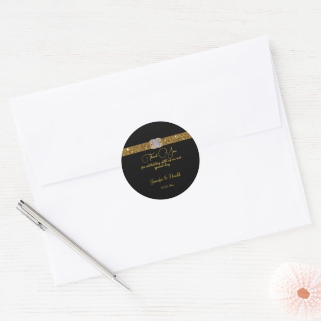 Gold Ribbon Diamond Brooch Wedding  Classic Round Sticker (Envelope)