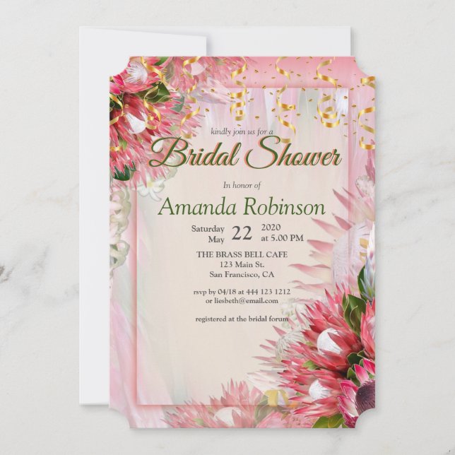 Gold ribbon & Fuchsia Protea flower Bridal Shower Invitation (Front)