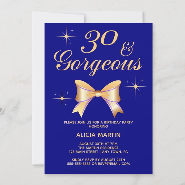 Gold Ribbon Girl 30 & Gorgeous Navy 30th Birthday Invitation (Front)