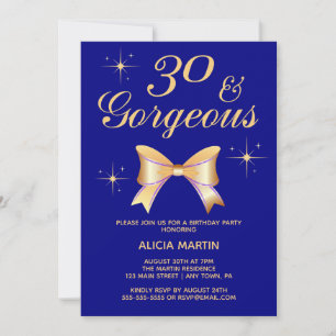 Gold Ribbon Girl 30 & Gorgeous Navy 30th Birthday Invitation