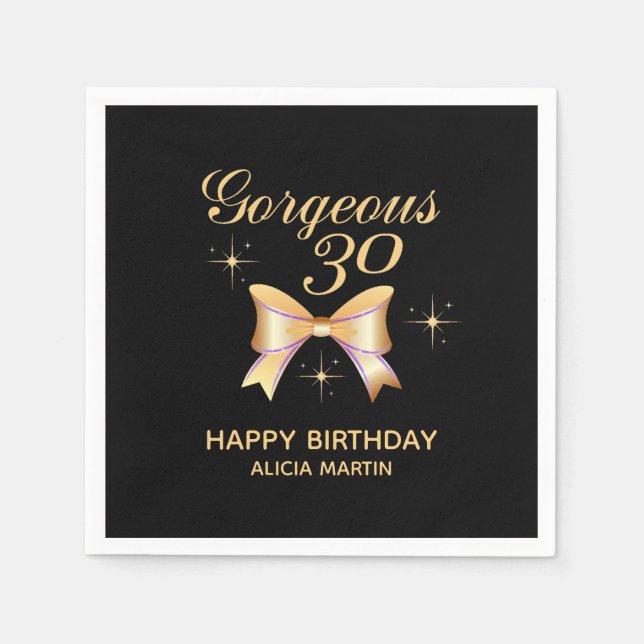 Gold Ribbon Girl Gorgeous 30 Black Happy Birthday Napkins (Front)