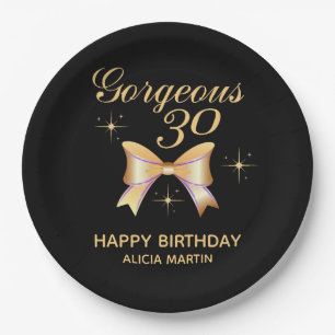 Gold Ribbon Girl Gorgeous 30 Black Happy Birthday Paper Plates