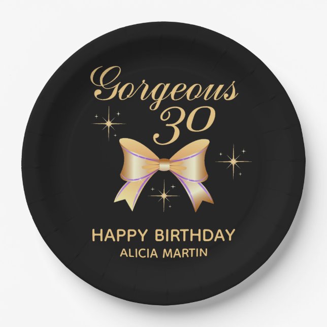 Gold Ribbon Girl Gorgeous 30 Black Happy Birthday Paper Plates (Front)