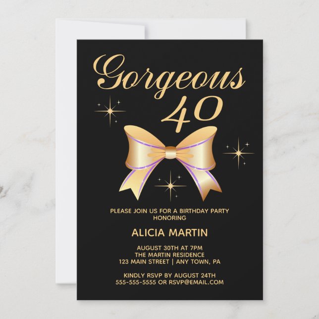 Gold Ribbon Girl Gorgeous 40 Black 40th Birthday Invitation (Front)