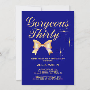 Gold Ribbon Girl Gorgeous Thirty Navy Birthday Invitation