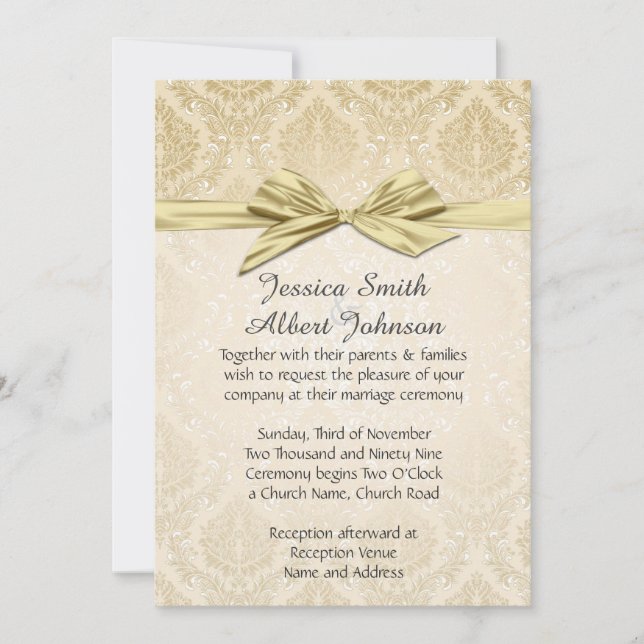 Gold Ribbon Gold Damask Wedding Invite (Front)