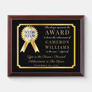 Gold Ribbon Gold Frame on Black Achievement Award Plaque