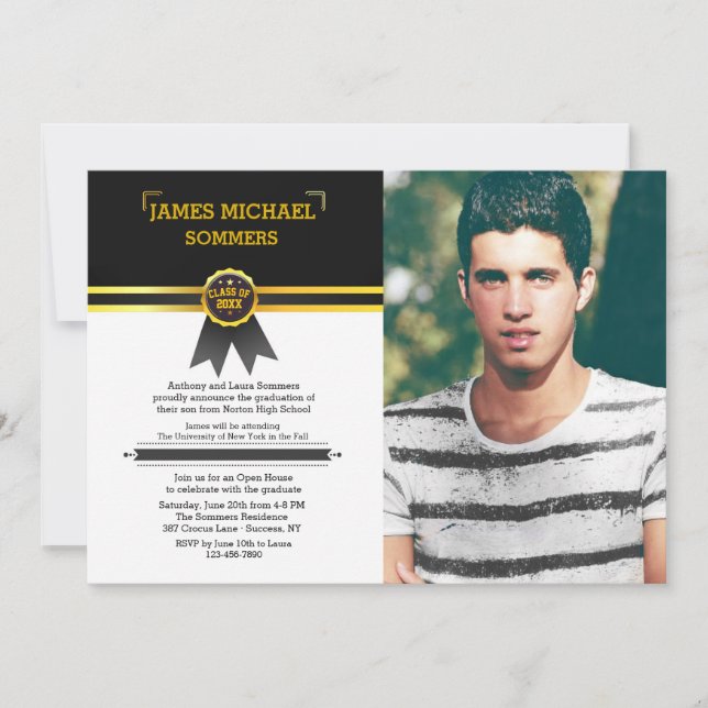 Gold Ribbon Graduate Photo Invitation (Front)