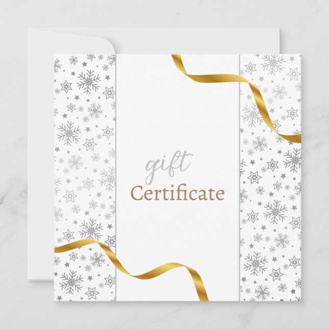 Gold Ribbon Modern Silver Snowflakes Gift Card (Front)