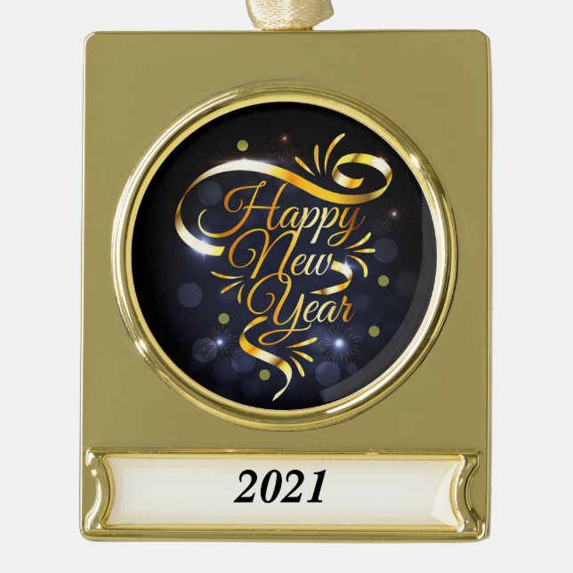 Gold Ribbon New Year Gold Plated Banner Ornament (Front)