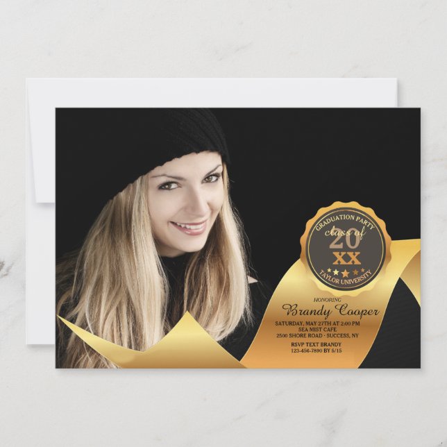 Gold Ribbon Photo Graduation Invitation (Front)