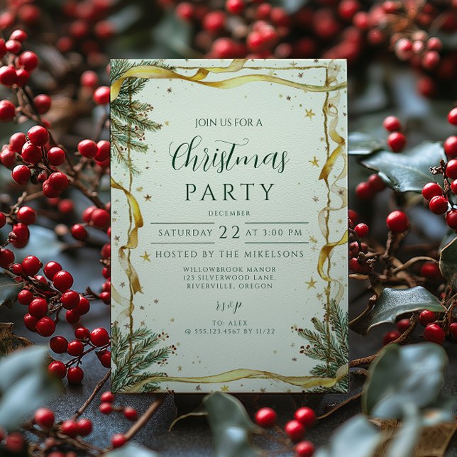 Gold Ribbon Rustic Christmas Party Invitation (Creator Uploaded)