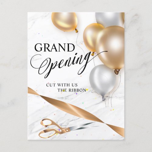 Gold Ribbon Silver Balloons Scissors Grand Opening Invitation Postcard