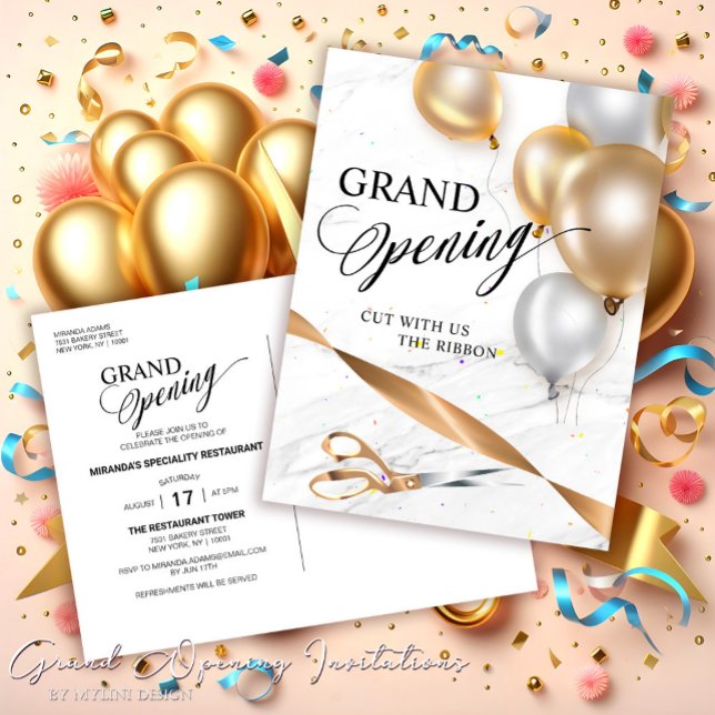 Gold Ribbon Silver Balloons Scissors Grand Opening Invitation Postcard (Creator Uploaded)