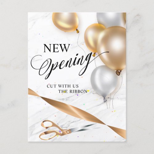 Gold Ribbon Silver Balloons Scissors New Opening Invitation Postcard