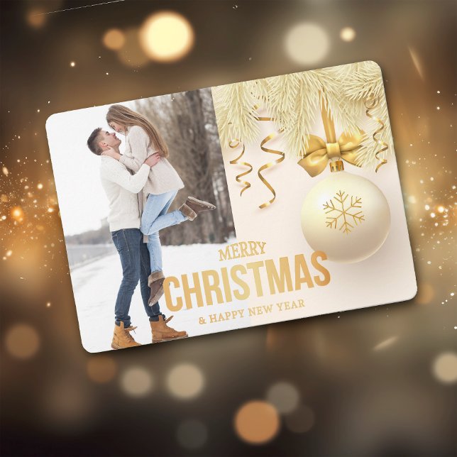 Gold Ribbon Snowflake Bulb Two Photo Christmas Holiday Card (Creator Uploaded)