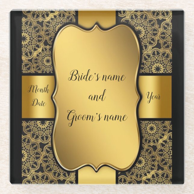 Gold Ribbon Wedding Favor Glass Coaster (Front)