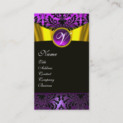 GOLD RIBBON YELLOW BLACK PURPLE DAMASK MONOGRAM BUSINESS CARD