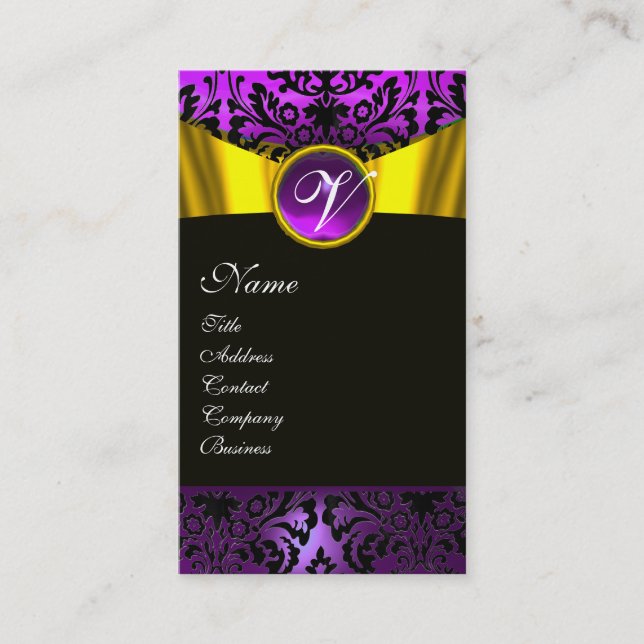 GOLD RIBBON YELLOW BLACK PURPLE DAMASK MONOGRAM BUSINESS CARD (Front)