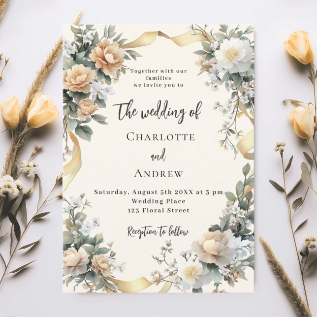 Gold ribbon yellow florals luxury wedding invitation (Creator Uploaded)