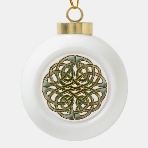 Gold rimmed green Celtic knot Ceramic Ball Christmas Ornament