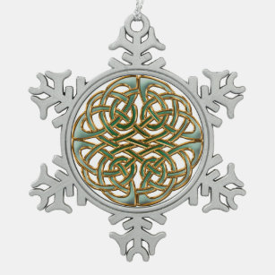 Gold rimmed green Celtic knot Snowflake Pewter Christmas Ornament