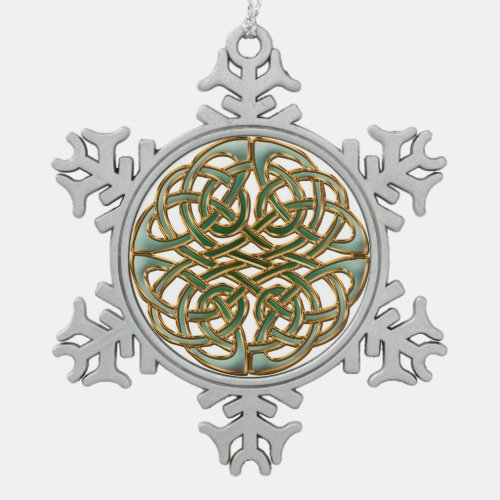 Gold rimmed green Celtic knot Snowflake Pewter Christmas Ornament