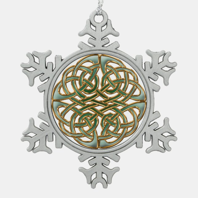 Gold rimmed green Celtic knot Snowflake Pewter Christmas Ornament (Front)