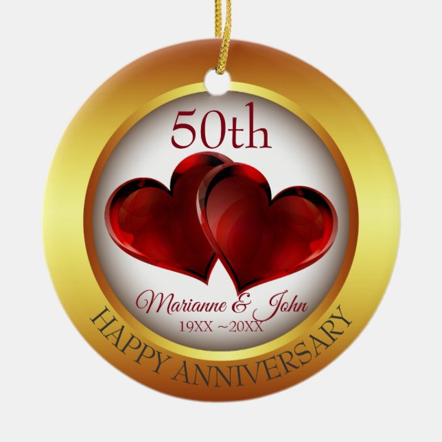 Gold Ring And Red Hearts Ceramic Ornament (Front)