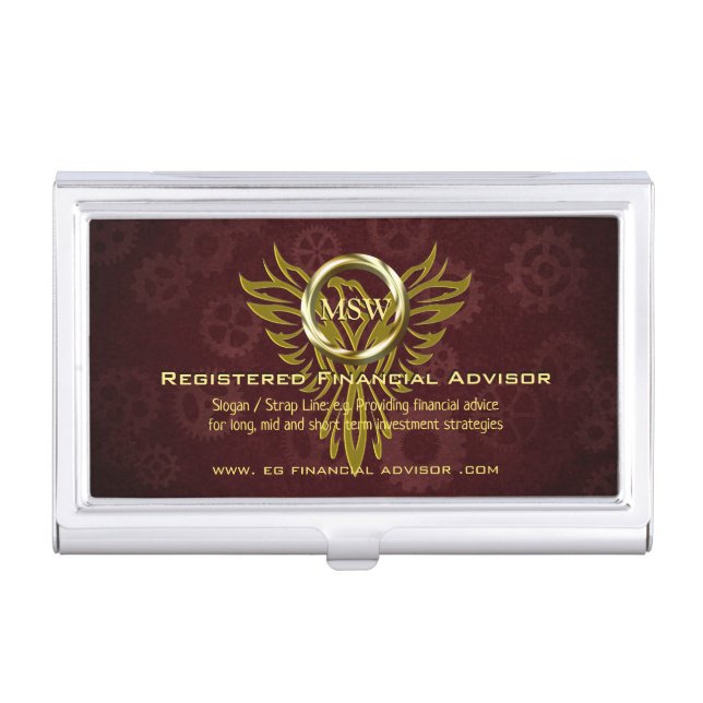 Gold Ring Eagle, burgundy cogs, Financial Advisor Business Card Case (Front)