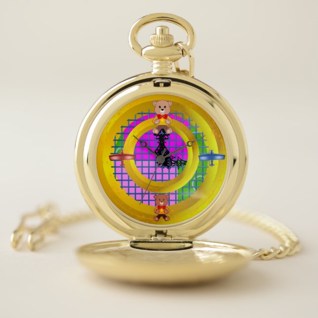 Gold Ring Plane Bowtie Teddy Bear Geometric Pocket Watch (Inside)