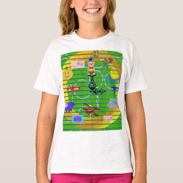 Gold Ring Plane Bowtie Teddy Bear Geometric T-Shirt (Front)