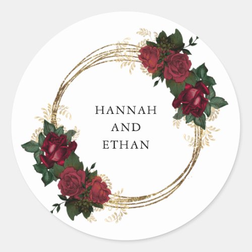 Gold Rings and Red Roses  Wedding Classic Round Sticker