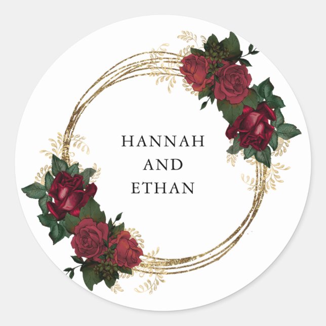 Gold Rings and Red Roses | Wedding Classic Round Sticker (Front)