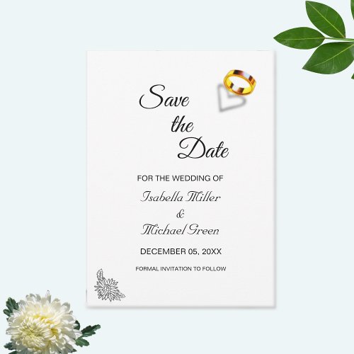 Gold Rings on Black White Wedding Save the Date Card