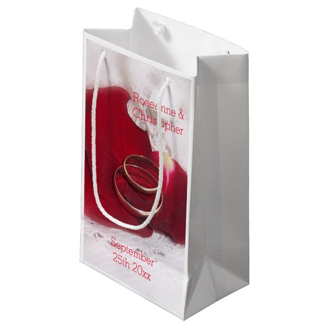 Gold Rings Rose Petals Design Wedding Small Gift Bag (Front Angled)