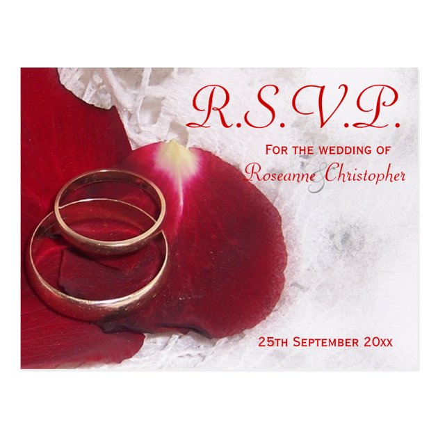 Gold Rings Rose Petals RSVP Wedding Postcard