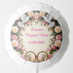 Gold Rings White Doves Pink Floral Wedding Frame Balloon