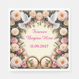 Gold Rings White Doves Pink Floral Wedding Frame Napkins