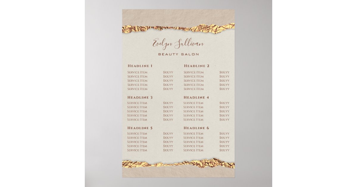 Gold Ripped Paper Price List Poster Zazzle