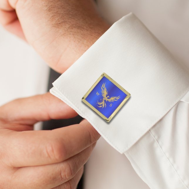 Gold Rising Phoenix Monogram Initials Cobalt Blue Cufflinks (Creator Uploaded)